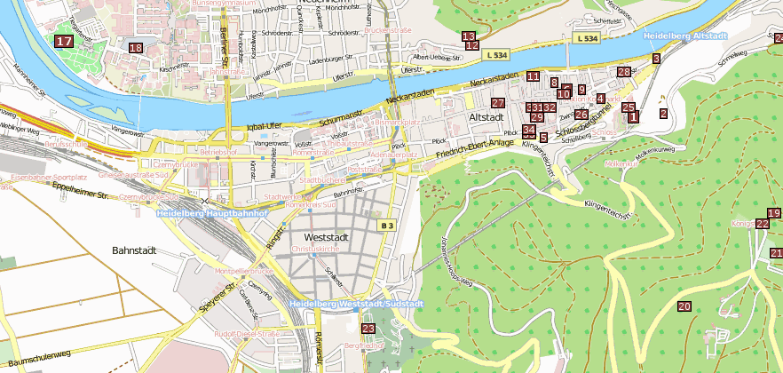 Reiseführer von Heidelberg mit Heidelberg-Sehenswürdigkeiten  im Stadtplan